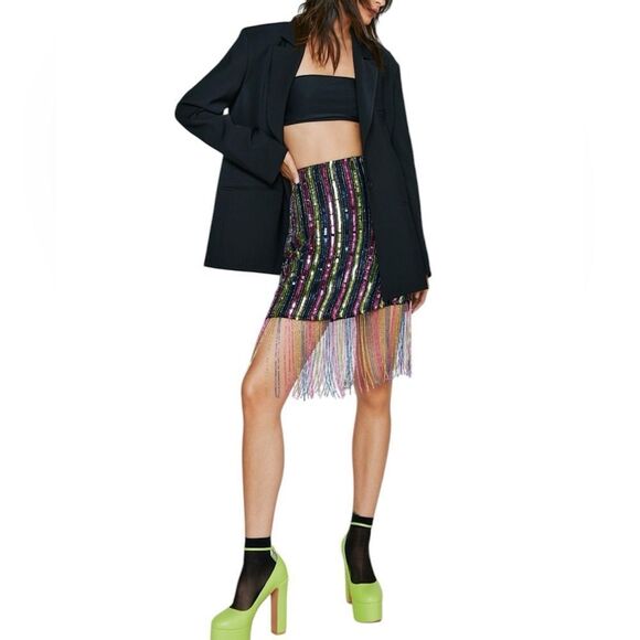 Nasty Gal Dresses & Skirts - Nasty Gal Stripe Tassel Beaded Hem Mini Skirt New Size 6